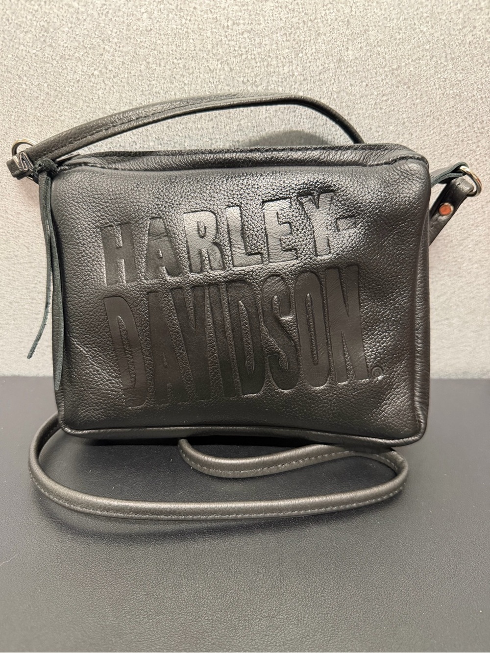 Harley Davidson Black Leather Crossbody Bag Embossed Logo USA